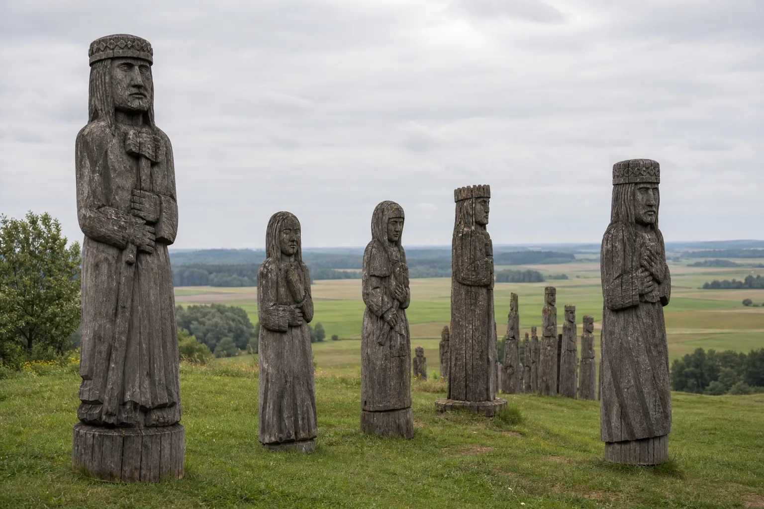 Ablingos memorialo weathered oak folk sculptures on a grassy rural hillside near Žvaginiai