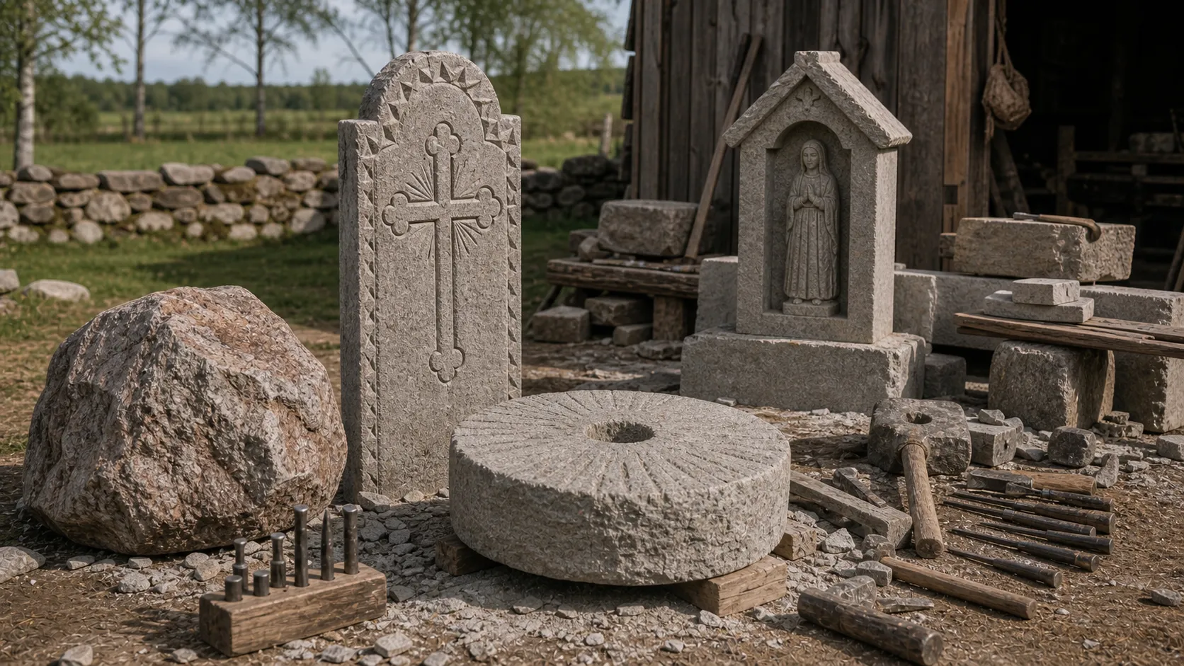Lietuviška akmenskaldžio dirbtuvė su lauko rieduliu, akmeniniu antkapiniu paminklu, koplytėlės formos memorialu, girnų ruošiniu, kaltais ir pleištais