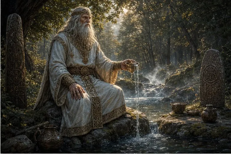 Andojas Andajus lietuvių mitologijoje stovi prie švento šaltinio ir upės