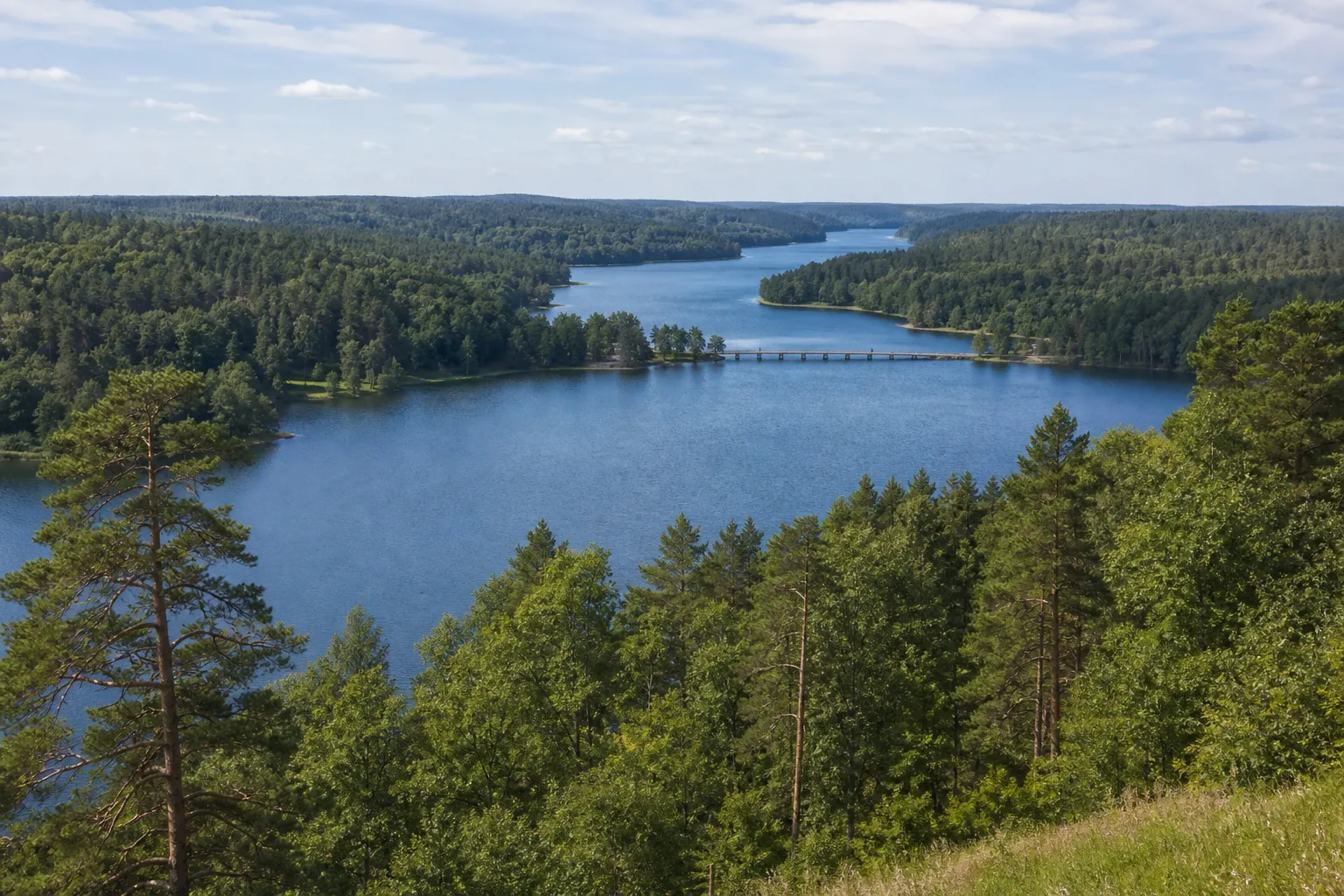 Asvejos ežeras prie Dubingių su ilgu siauru vandens ruožu, miškingais krantais ir tiltu
