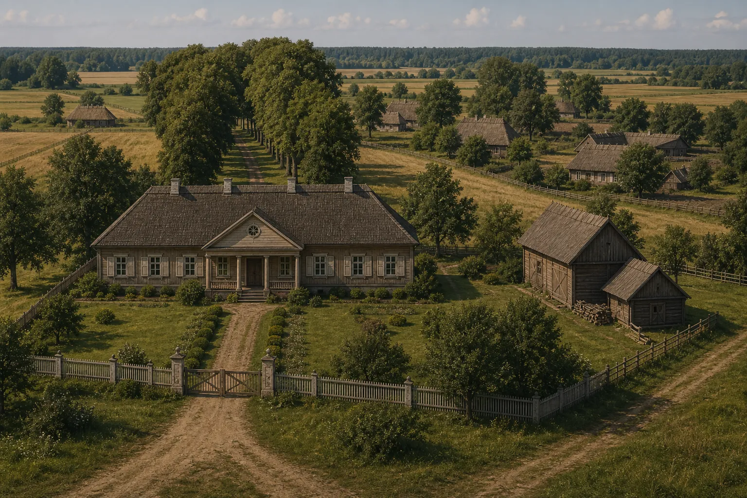 Smulkiųjų bajorų bajorkaimis su keliomis medinėmis sodybomis, laisvu planu, senais medžiais ir kukliu dvaro tradicijos atspalviu