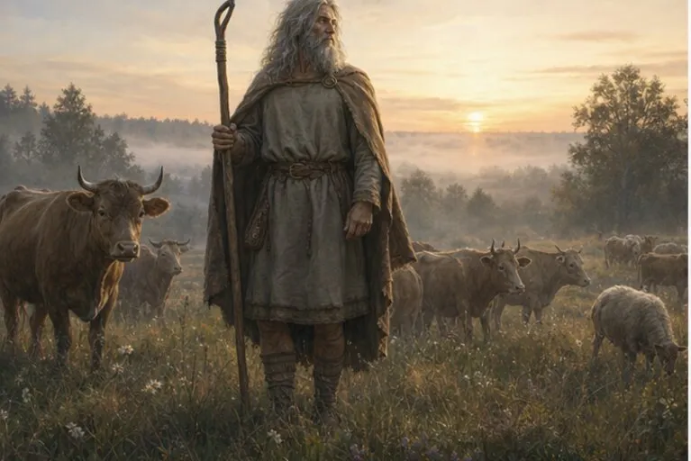 Ganiklis lietuvių mitologijoje saugo bandas ir ganyklą prie seno Lietuvos kaimo