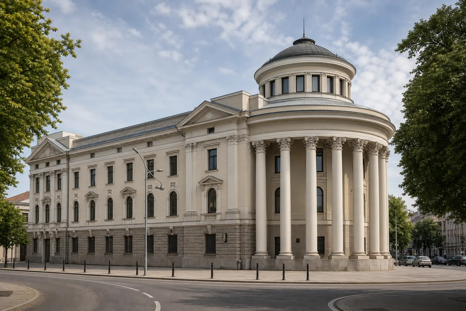 Kauno valstybinės filharmonijos šviesus fasadas su pusapskričiu kolonų portiku, rustikuotu cokoliu ir mažu kupoliniu bokšteliu