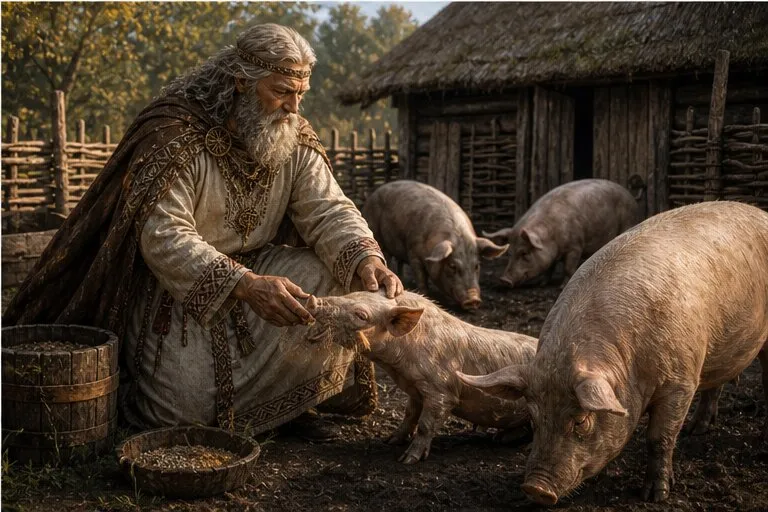 Kremata lietuvių mitologijoje vaizduojamas prie seno ūkio ir kiaulių aptvaro