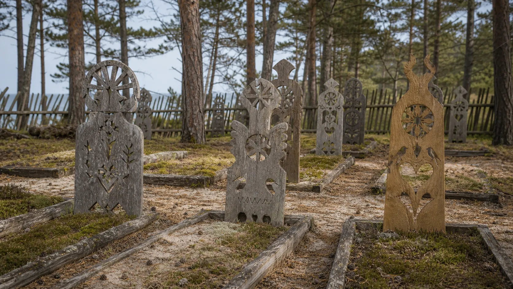 Mažosios Lietuvos krikštai - profiliuoti mediniai kapų ženklai smėlėtose pušyno kapinėse Kuršių nerijoje