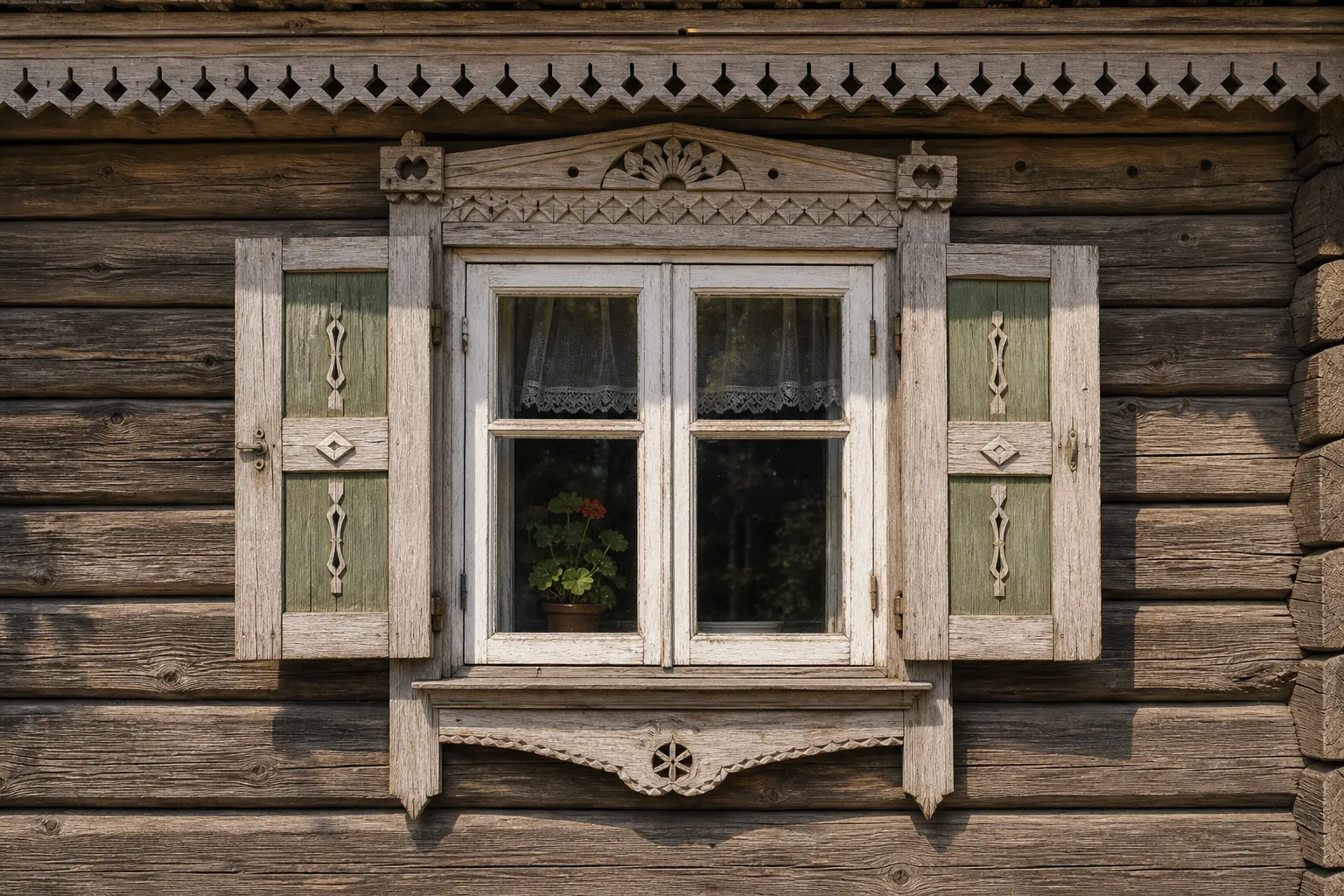 Medinio lietuviško namo langas su dažytomis langinėmis, baltu apvadu, kiaurapjūvio antlange ir gėlių motyvais