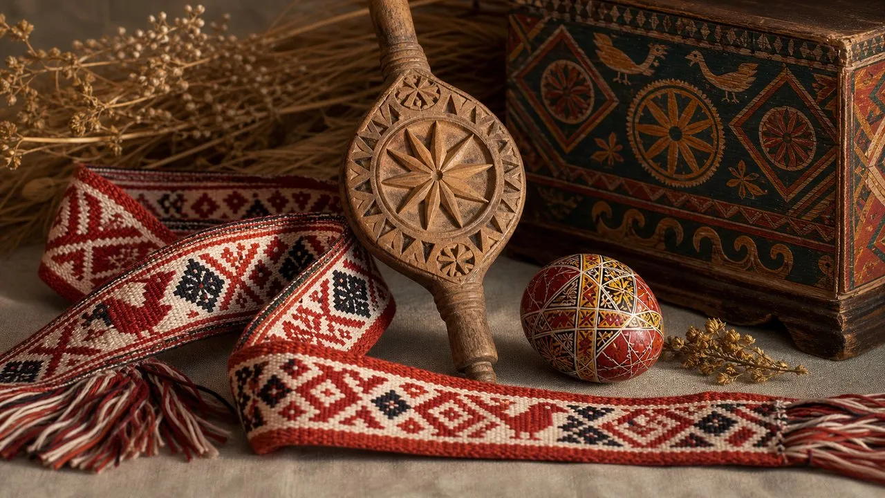 Lietuvių ornamentai ir raštai ant juostos, verpstės ir medžio dirbinio