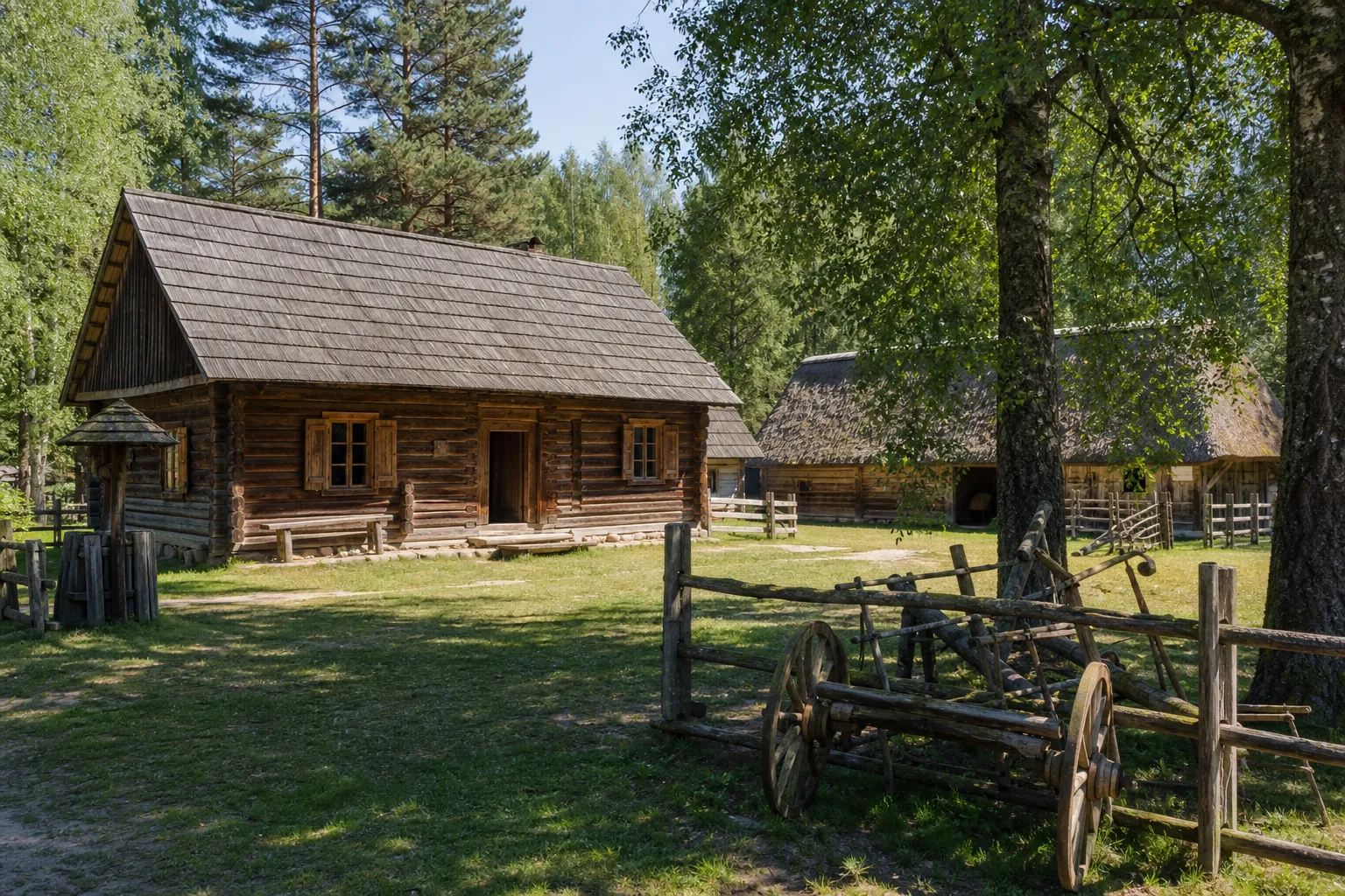 Marcinkonių etnografinės sodybos 1905 m. medinis namas, kluonas ir Dzūkijos miško kaimo kiemas