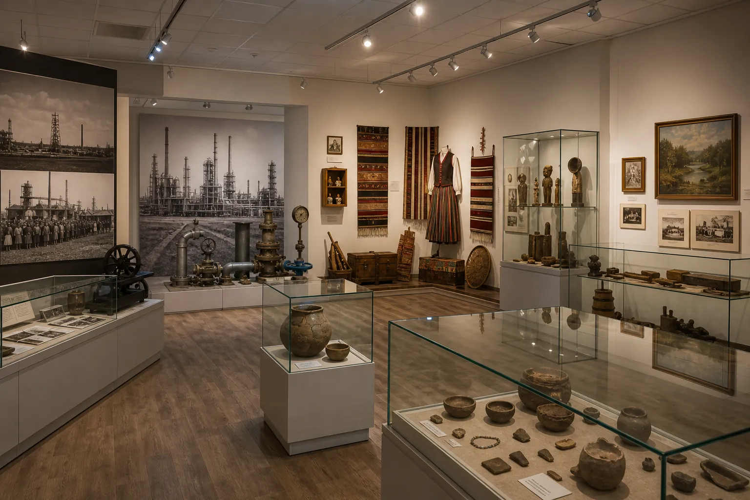 Mažeikių muziejaus ekspozicijų salė su archeologiniais radiniais, tautiniu kostiumu, audiniais ir pramonės istorijos fotografijomis