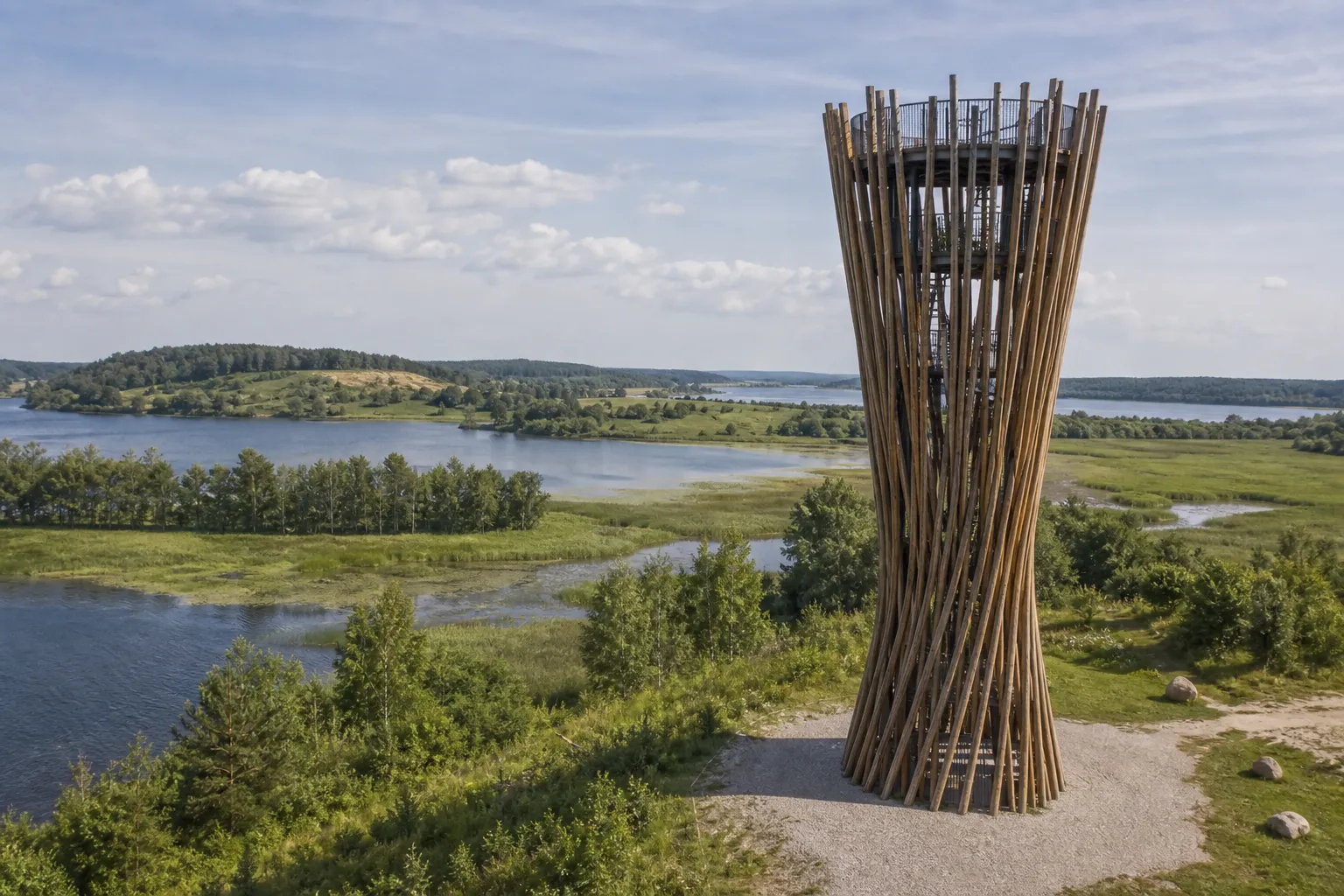 Metelių apžvalgos bokštas prie ežero ir šlapynių Metelių regioniniame parke