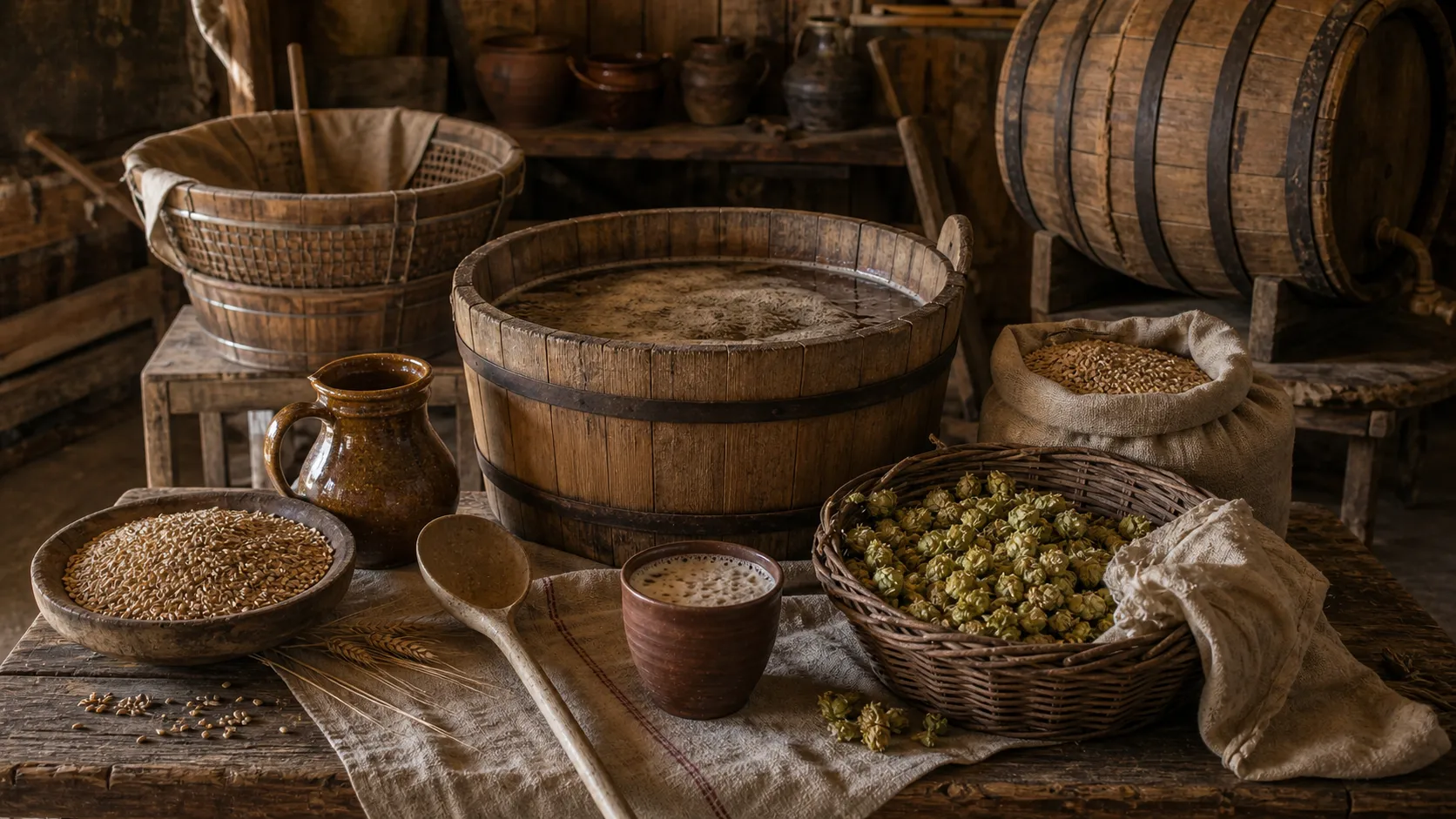 Tradicinio lietuviško naminio alaus gamybos įrankiai su salyklu, apyniais, kubilu, koštuvu, statine ir moliniu bokalu