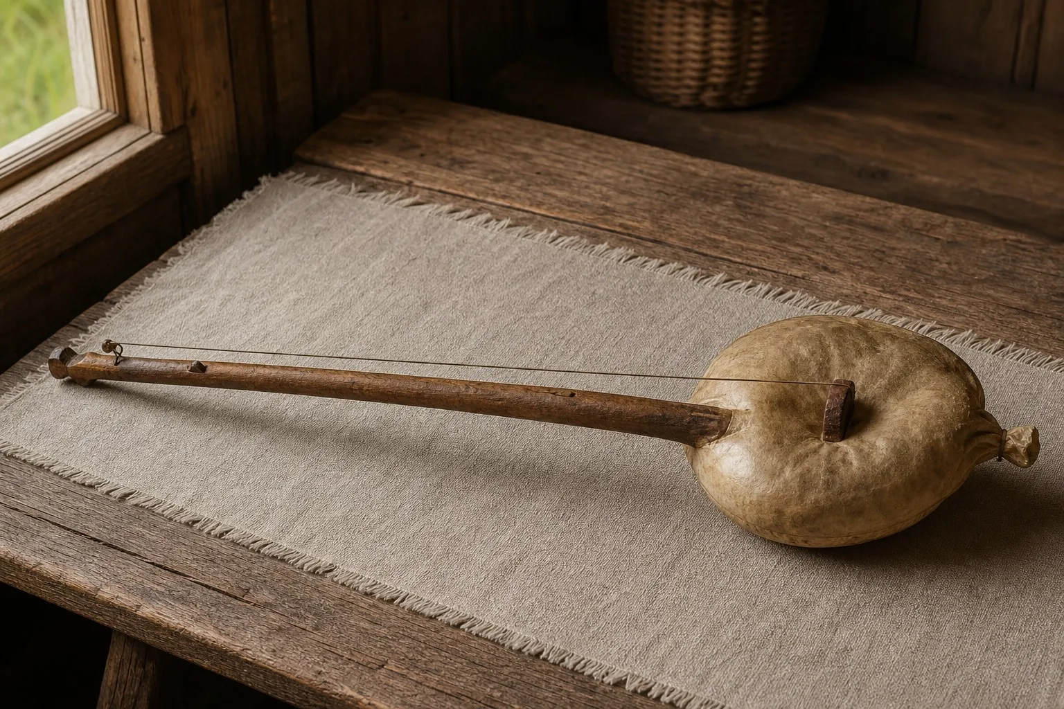 Pūslinė su medine lazda ir išpūsta pūsle kaip lietuvių liaudies bosinis instrumentas