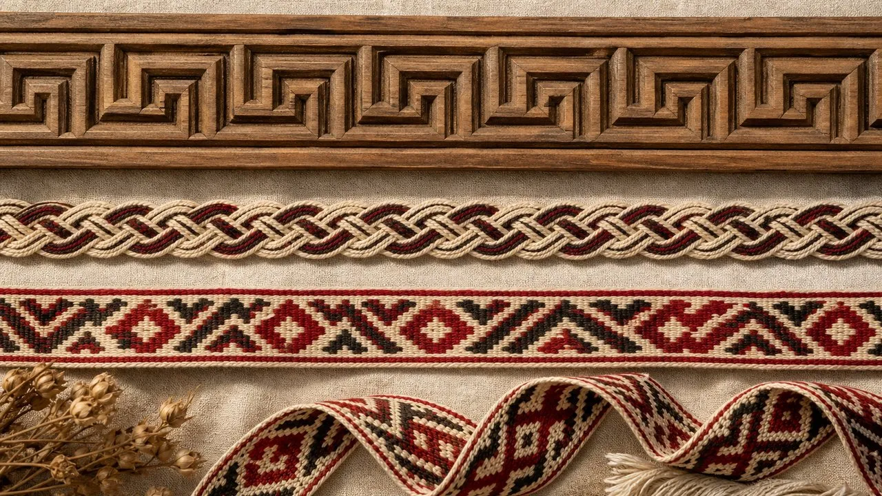 Pynutė meandras ir juostinis raštas lietuvių audinio krašto ornamente