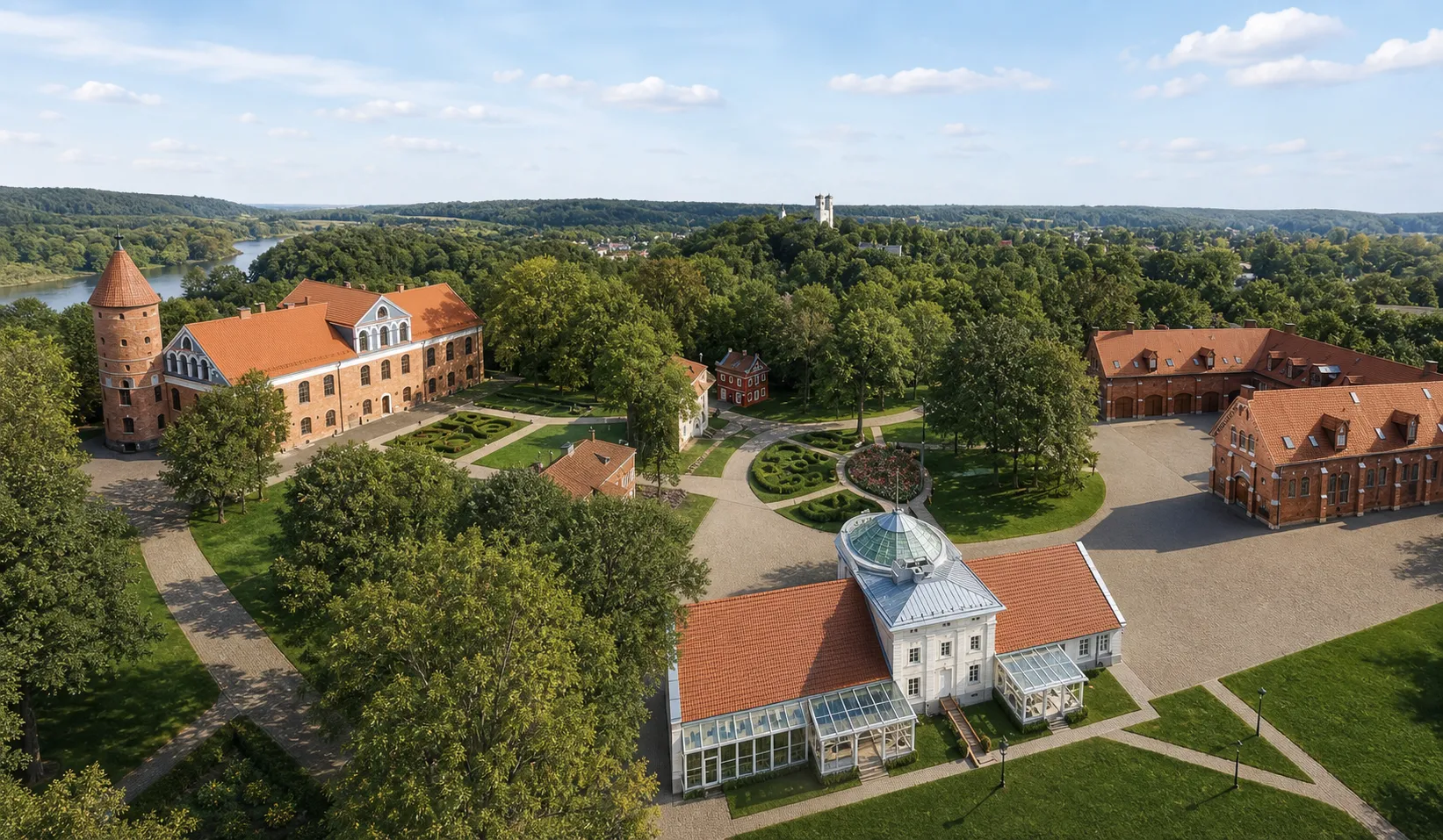 Raudondvario dvaro ansamblis su raudonų plytų rūmais, bokštu, oranžerija ir parku
