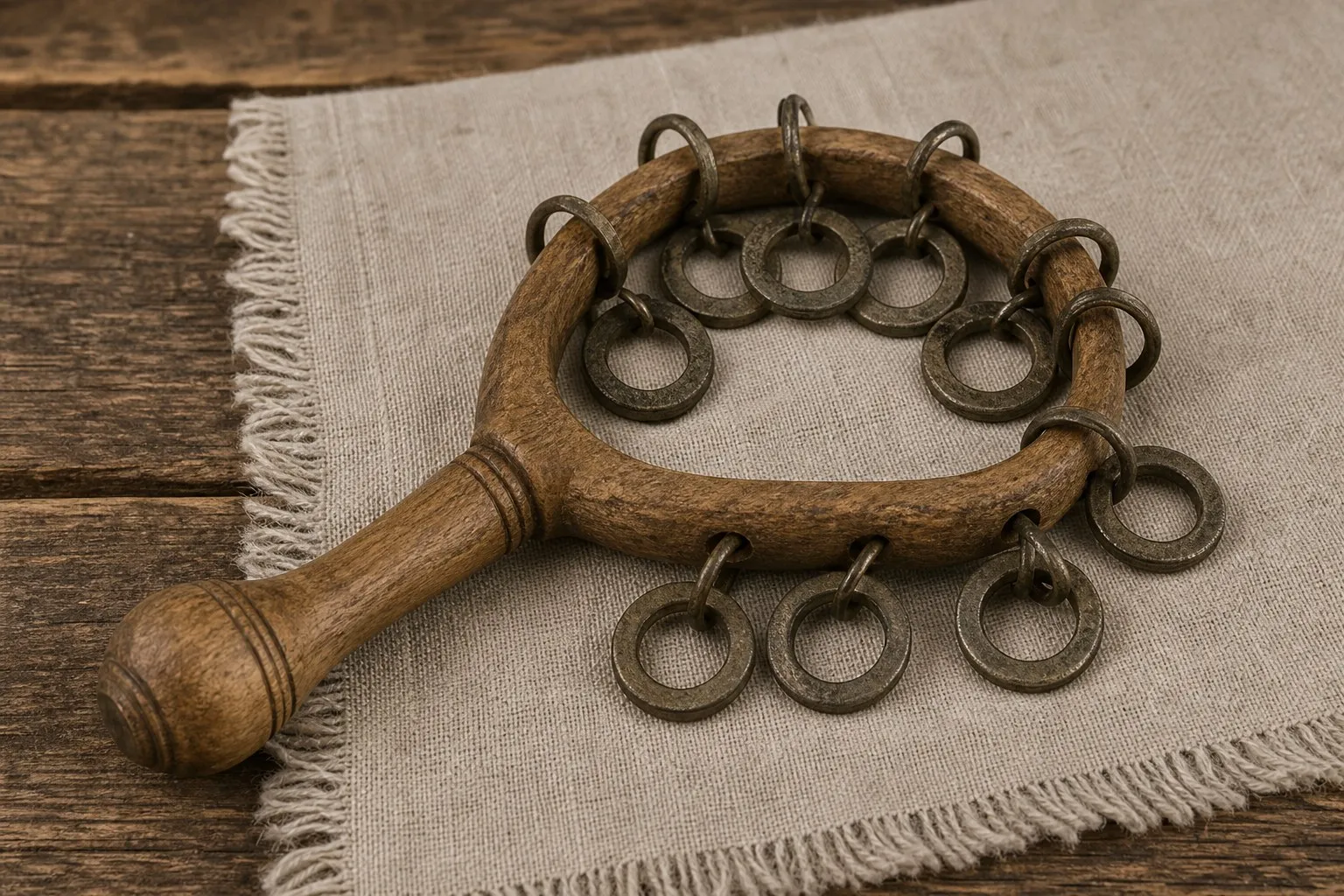 Rinkinė su metaliniais žiedais kaip lietuvių saviskambis ritminis instrumentas