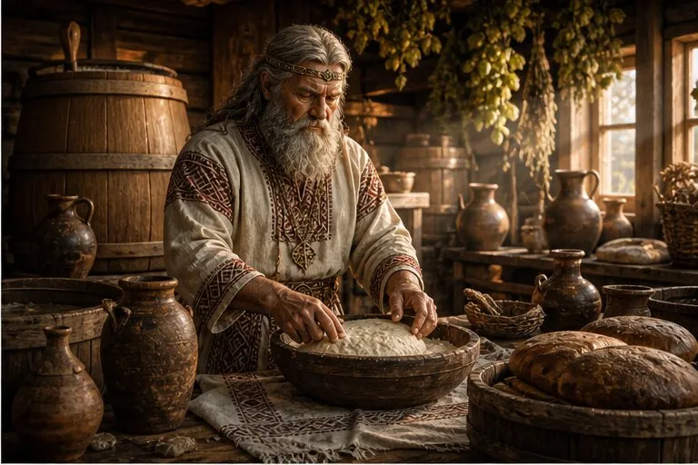 Rūgutis Raugų Žemėpatis lietuvių mitologijoje prie raugo, duonos ir alaus indų