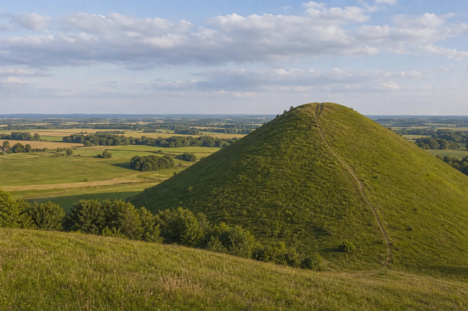 Šatrijos kalnas su stačiais žaliais šlaitais ir Žemaitijos laukų panorama
