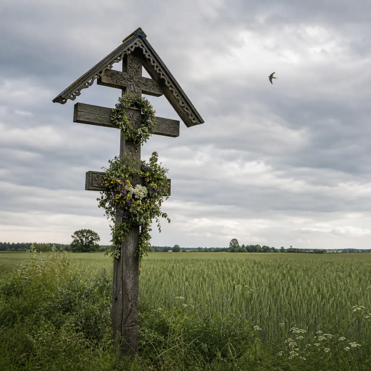 Šeštinių apvainikuotas lietuviškas pakelės kryžius prie žaliuojančių rugių lauko ir skrendanti kregždė
