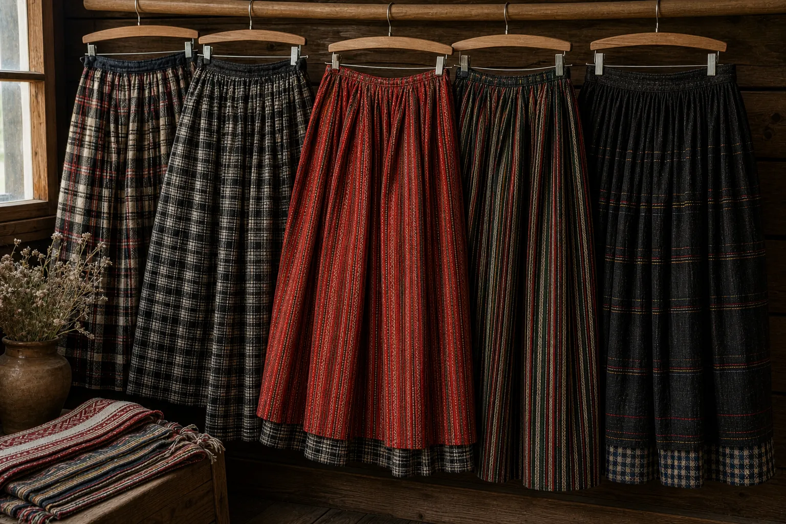 Lietuvių tautinio kostiumo sijonai su langais, dryžiais, klostėmis ir vilnoniais audiniais