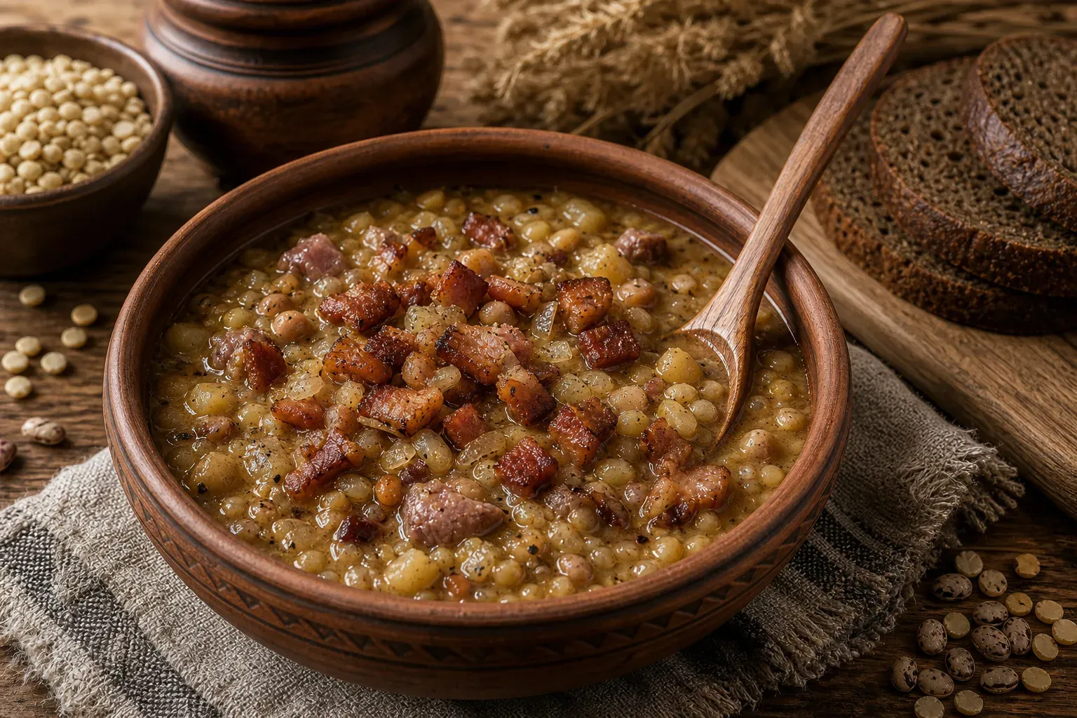 Šiupinys su žirniais, pupomis, kruopomis, kiauliena, spirgais ir svogūnais moliniame dubenyje