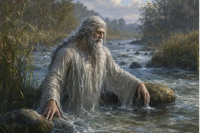 Upinis dievas lietuvių mitologijoje prie tekančios upės, akmenų ir nendrių