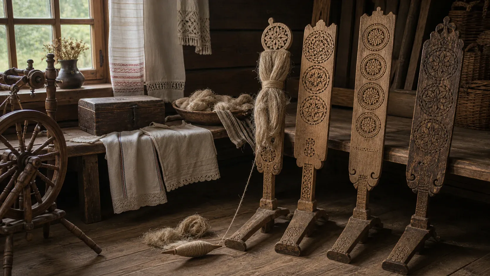 Lietuviškos medinės verpstės su drožinėtomis galvomis, priesėdais, linų kuodeliu, verpstuku ir audiniais kaimo troboje