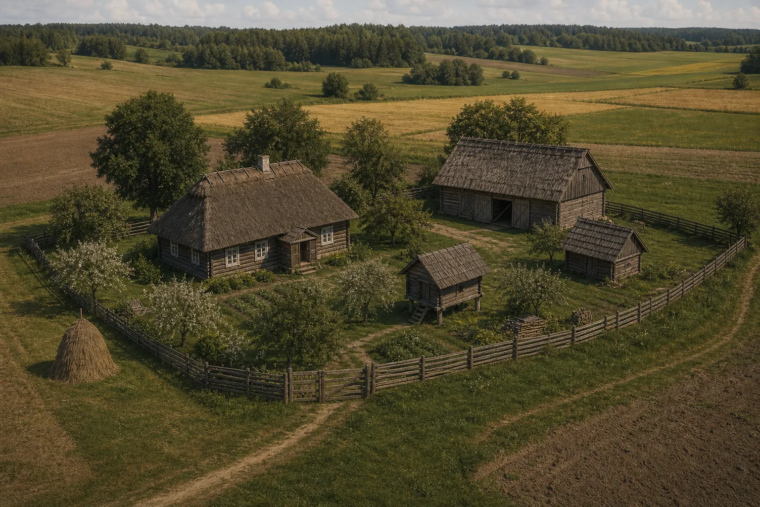 Lietuviškas vienkiemis su atskira medine sodyba tarp laukų, sodu, tvartu, kluonu ir keliuku per dirbamus laukus