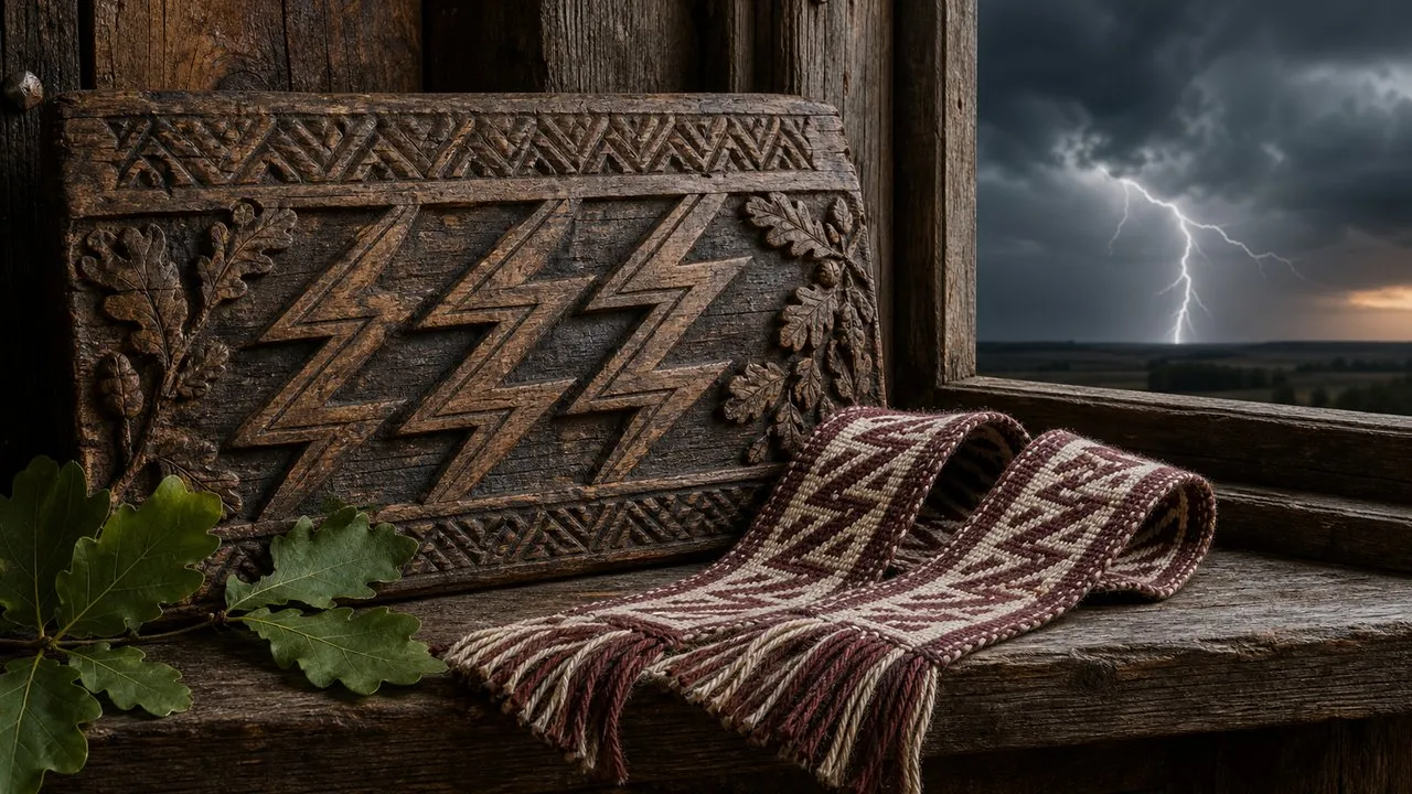 Žaibo ženklas lietuvių ornamentikoje su Perkūno audros ir laužtinės linijos motyvu