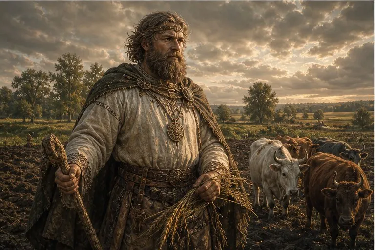 Žemininkas lietuvių mitologijoje stovi prie ariamo lauko, javų ir gyvulių