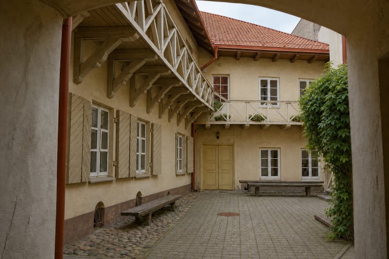 Adomo Mickevičiaus muziejaus Bernardinų gatvėje vidinis kiemas su gelsvo tinko fasadais, medinėmis langinėmis ir galerija