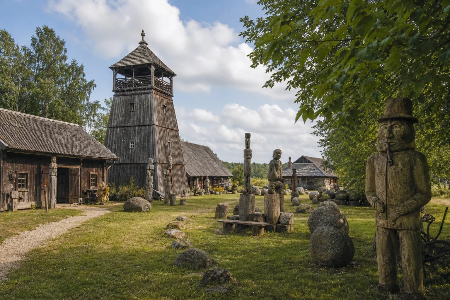 Adomas Petrauskas Museum homestead with a wooden tower and collected stones in Uoginiai