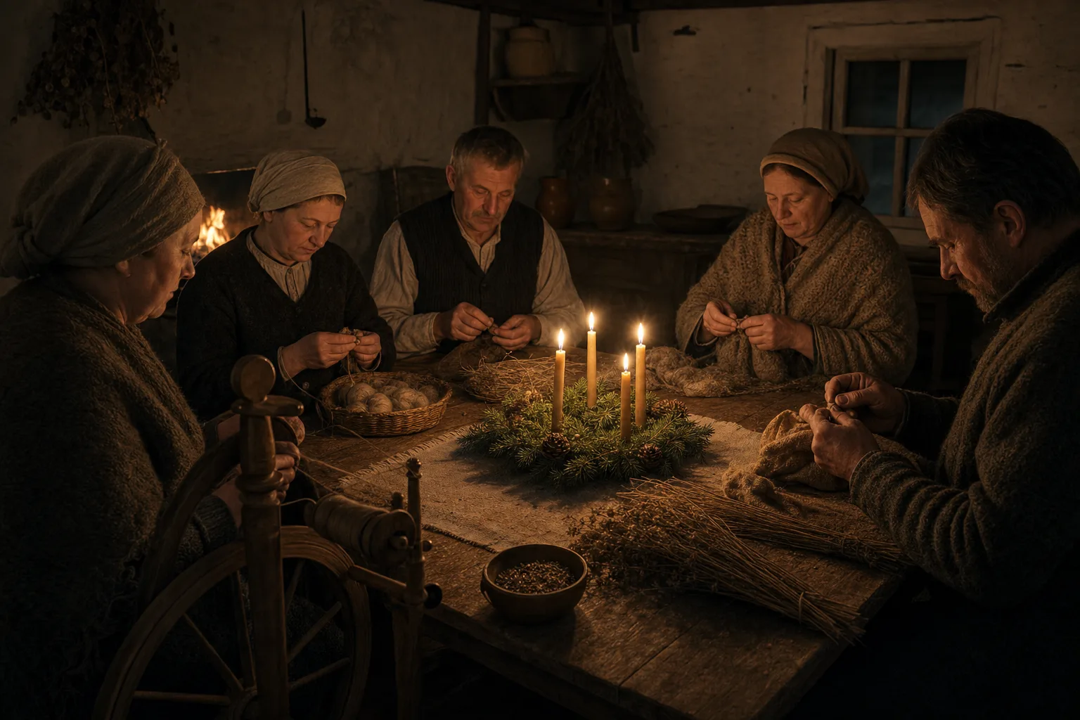Advent evening handwork by candles at a wooden table