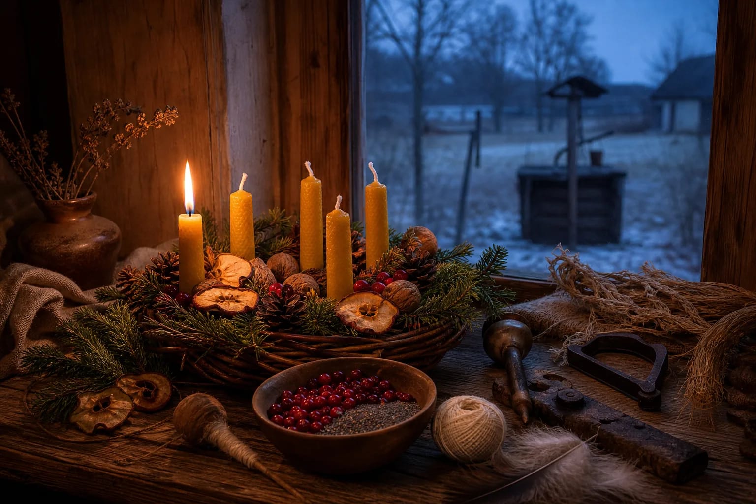 Advent wreath with four wax candles, fir branches, dried apples, nuts, a distaff, and evening handwork on a wooden table