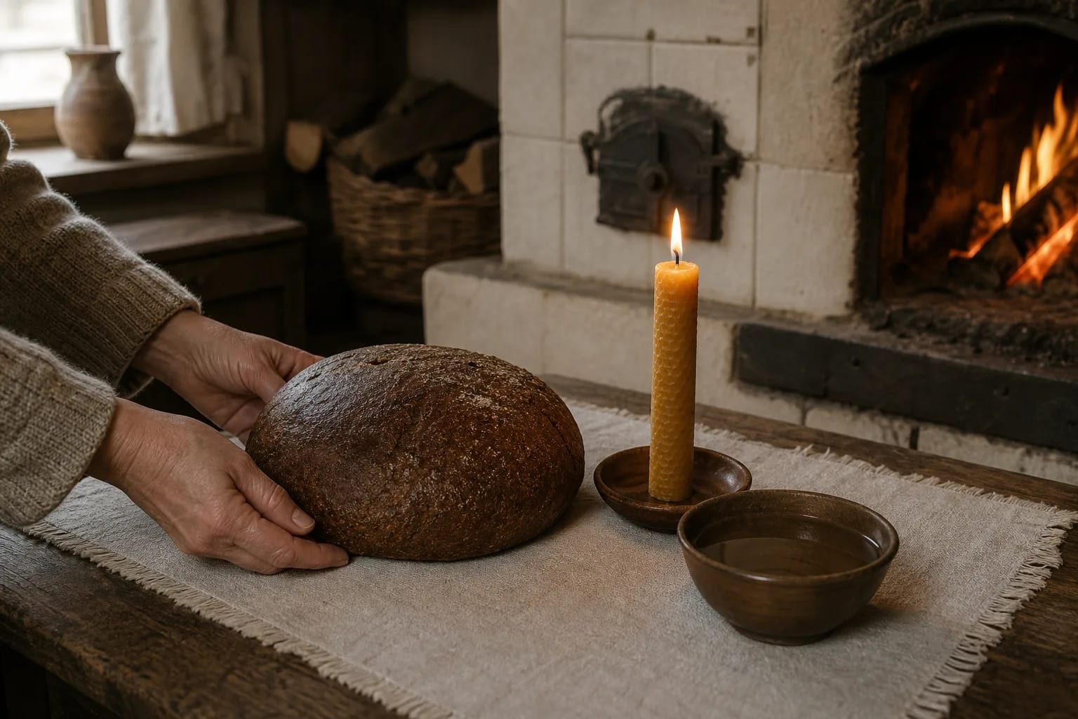 Agotines rye bread beside a candle, water, and hearth