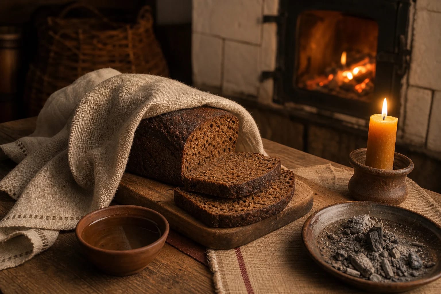 Blessed rye bread for Agotines beside a candle, a bowl of water, and hearth fire