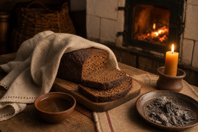 Blessed rye bread for Agotines beside a candle, a bowl of water, and hearth fire