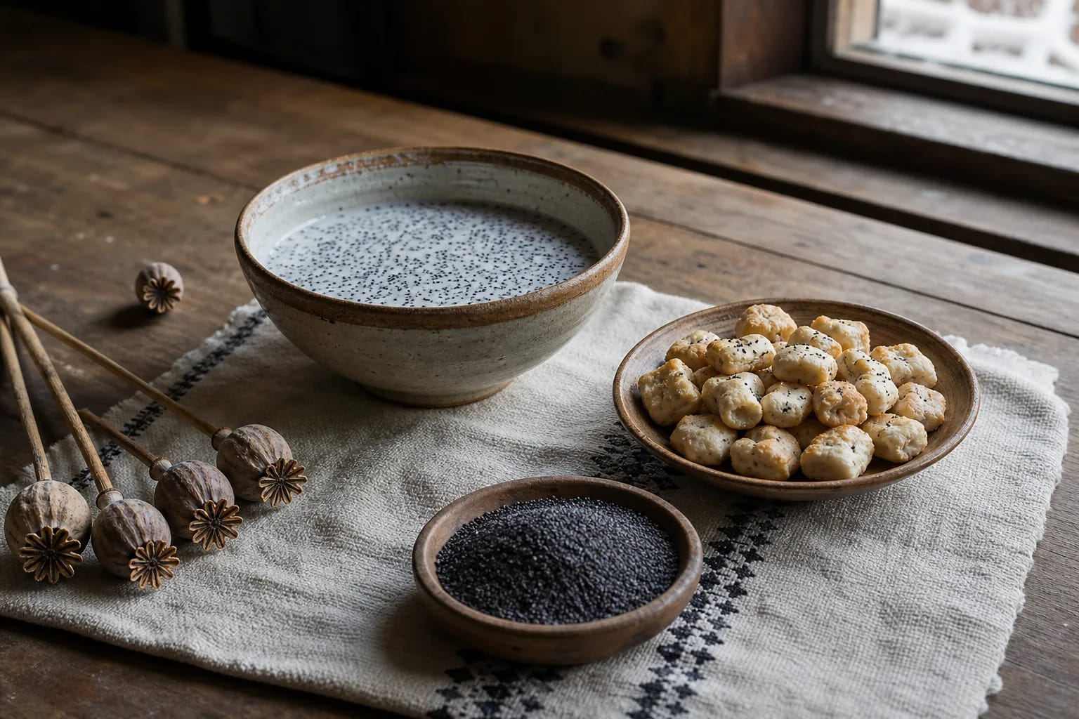 Kūčios table detail with poppy milk, kūčiukai, and poppy seeds.