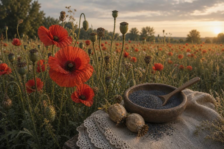 Blooming red poppies and seed heads as symbols of sleep, souls of the dead, and fertility