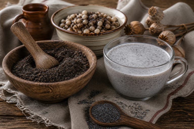 Black edible poppy seeds in a wooden bowl with a pestle, poppy filling, and kūčiukai
