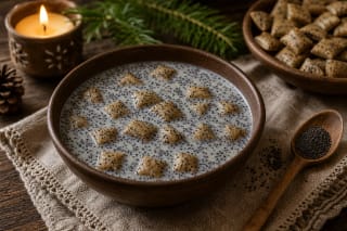 Aguonpienis in a clay bowl with kūčiukai, poppy seeds, and warm Christmas Eve table light