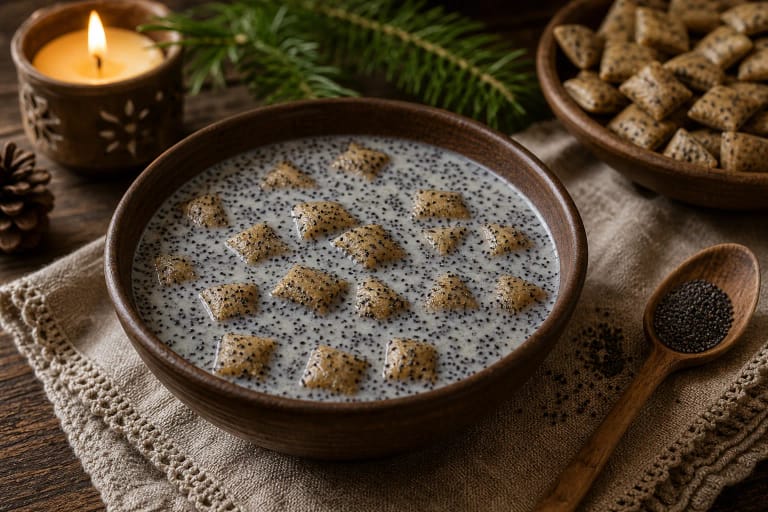 Маковое молоко в глиняной миске с кучюкай, маковыми семенами и тёплым светом праздничного стола Кучос