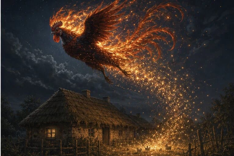 Aitvaras in Lithuanian mythology as a fiery being flying above a homestead roof