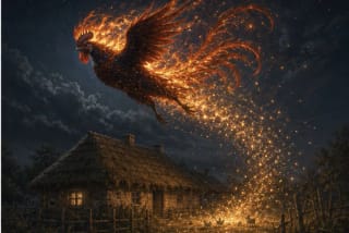 Aitvaras in Lithuanian mythology as a fiery being flying above a homestead roof