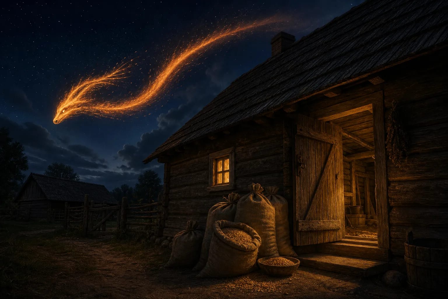 A fiery Aitvaras above a traditional homestead at dusk
