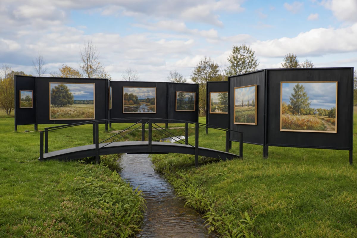 AJJU Open-Air Gallery paintings on dark panels above a stream and black arched bridge