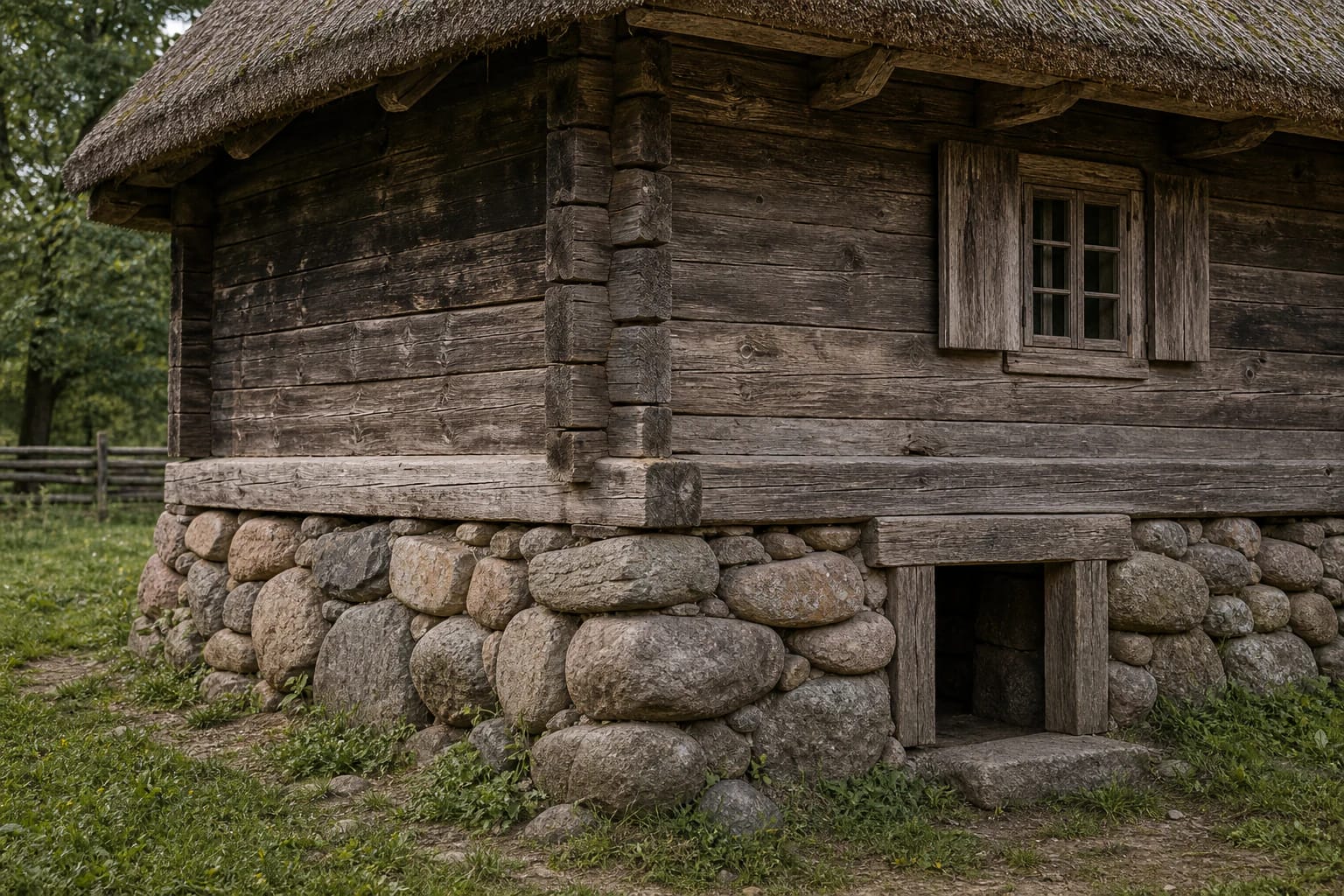 Fieldstone foundations of a traditional log building with a lower log crown, birch-bark insulation, and lime mortar