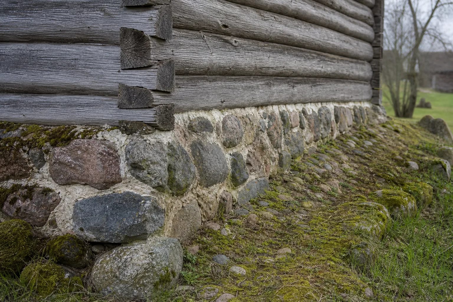 A fieldstone foundation under a log wall protected timber from moisture.