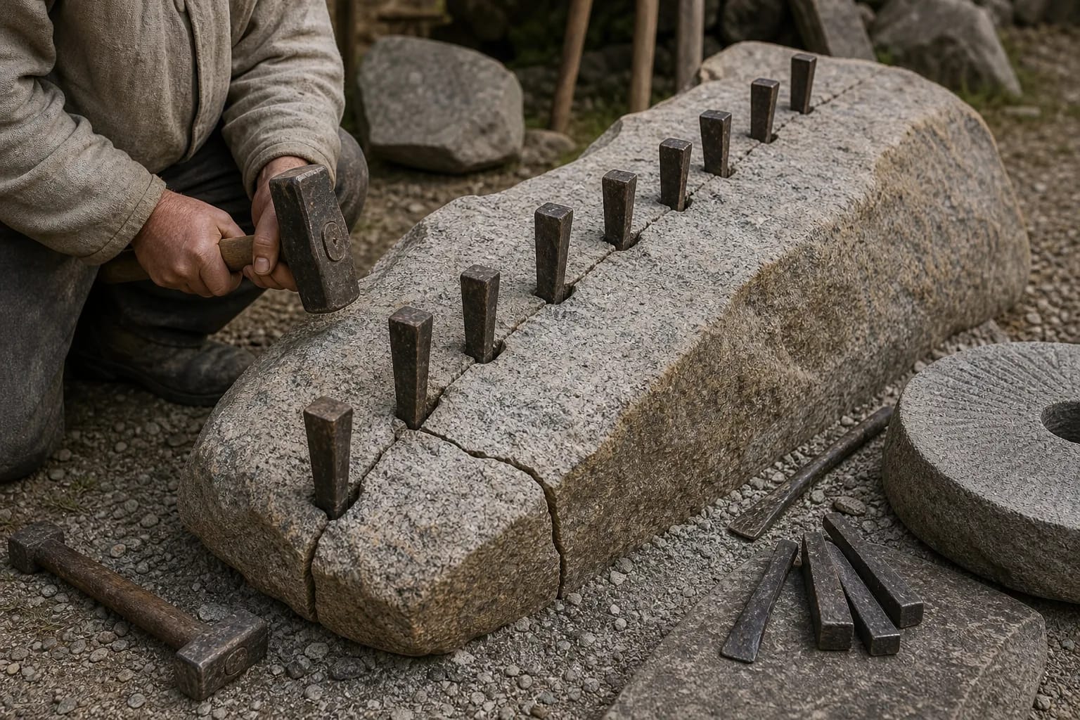Wedges slowly split a fieldstone along the intended line.
