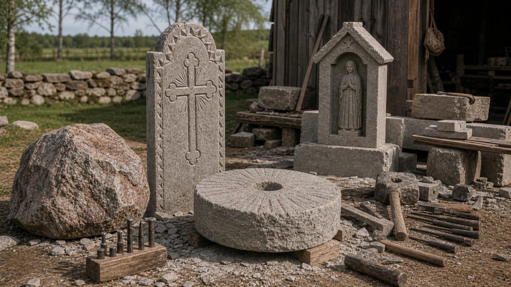 Lithuanian stoneworker's workshop with a field boulder, stone grave monument, shrine-shaped memorial, millstone blank, chisels, and wedges