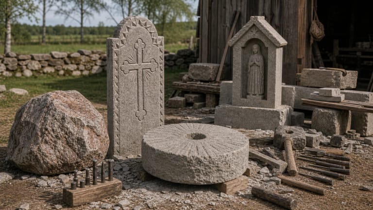 Lithuanian stoneworker's workshop with a field boulder, stone grave monument, shrine-shaped memorial, millstone blank, chisels, and wedges